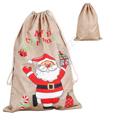 China Eco-frendly Canvas Christmas Apple Candy Bag Fiber Sack Drawstring Gift Bag / Xmas New Year Rope Small Eco-frendly Bag With Santa Logo for sale