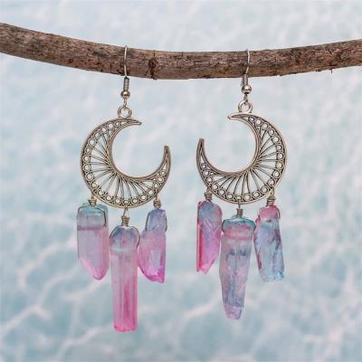 China Other New Hot Sale Witchy Rainbow Quartz Crystal Earrings Dangle Earrings With Crescent Moon Gift for sale