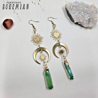 China Other Brass Witchy Sun Moon Earrings Witchy Goddess Statement Jewelry Celestial Green Aura Quartz Crystal for sale