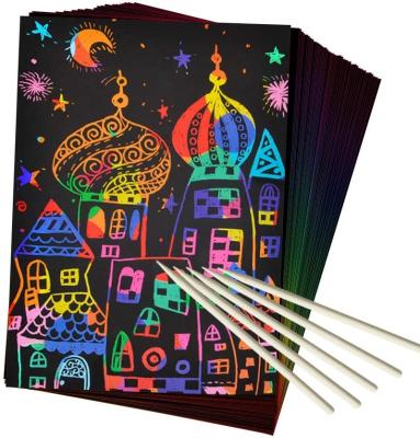 China 2020 Hot Amazon Fashion Art Set 50 Pcs Rainbow Scratch Magic Scratch Paper For Kids Black Scratch Off Art Crafts With 5 Wooden Stylus for sale