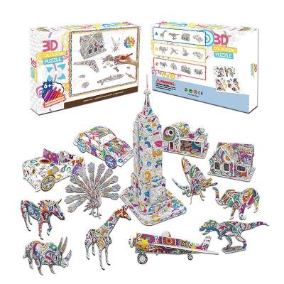 China DIY TOY Color Your Own Puzzle arts and craft supplies for kids, 3D coloring puzzle set with 3D animal puzzle, creative family craft kits for sale