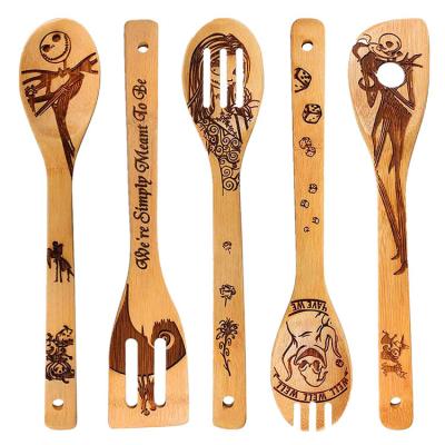 China Halloween Sustainable Witchy Wooden Spoon Bamboo Spoons Laser Engraved Kitchen Spoons Large Cooking Spoons With Long Handles For Halloween for sale