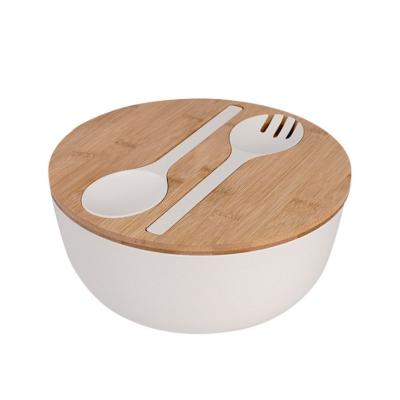 China Sustainable Eco-friendly Bamboo Fiber With Spoon Fork Cover Dinnerware Set Wooden Bamboo Fruit Salad Bowl for sale