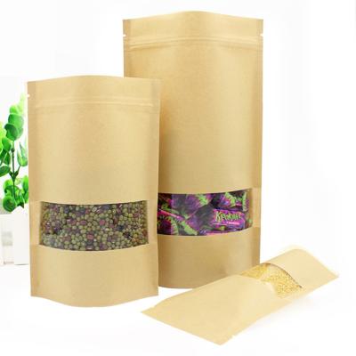 China Recyclable Zipper Brown Kraft Paper Food Packaging Resealable Bags With Clear Window for sale