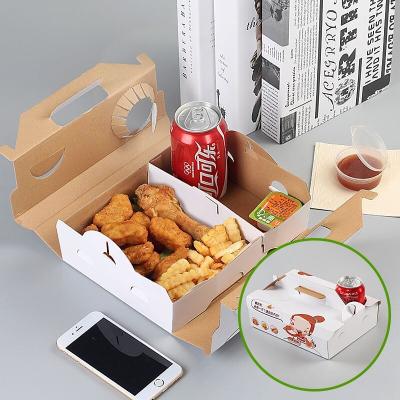 China Recyclable Corrugated Kraft Paper Fried Chicken Box Beverage Food Takeout Portable Packing Box With Handle for sale