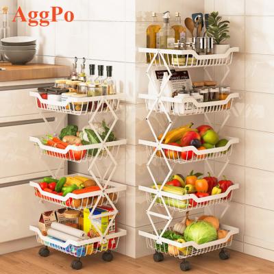 China 5 Tier Sustainable Metal Wire Basket with Wheels and Cover, Folding Rolling Fruit Basket Storage Organizer with Casters, Utility Rack for sale