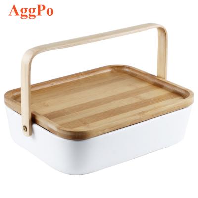 China Rectangle Sustainable Ceramic Fruit Basket , Countertop Fruit Vegetable Basket Bowl With Wooden Handle And Divider for sale