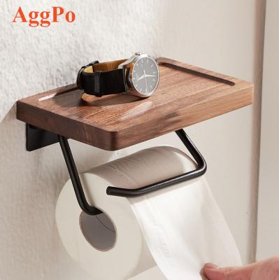 China Walnut Modern Toilet Paper Holder, Wall Mount Bathroom Tissue Holder With Convenience Shelf Tray For Toilet for sale