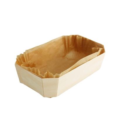 China Disposable Wooden Dish Food Paper Tray Packaging Trays Wooden Cake Bread Baking Pan Salad Dish for sale