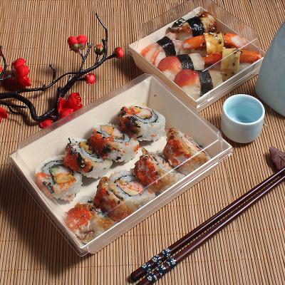 China Disposable Trapezoidal Wooden Sushi Tray Packaging Box Takeout Container Dessert Cake for sale