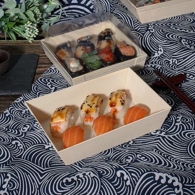 China Customized Disposable Biodegradable Wooden Box Take Out Food Container Dessert Cake Takeaway Packaging Sushi Tray Box for sale