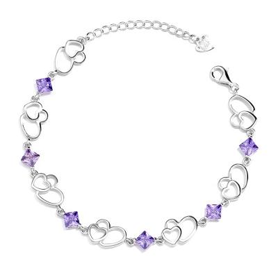 China Fashion S925 Sterling Silver Double Amethyst Bangle Jewelry Romantic Heart Shaped Bracelet for sale