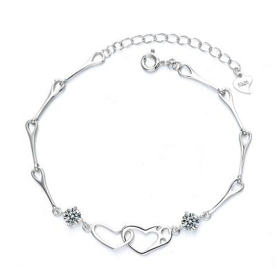 China Romantic S925 Sterling Silver Double Hearts Of Love With Zirconia Fashion Temperament Bracelet for sale