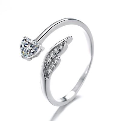 China Romantic S925 Sterling Silver Angel Wings Love Heart Shaped Micro Set Full Diamond Zirconia Ring for sale