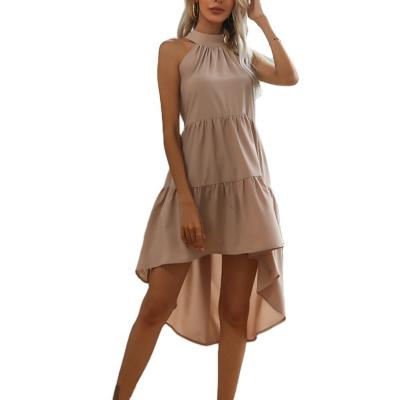 China Anti-wrinkle 2022 summer European back dress neck new long waist front short dresses and American solid color for women for sale