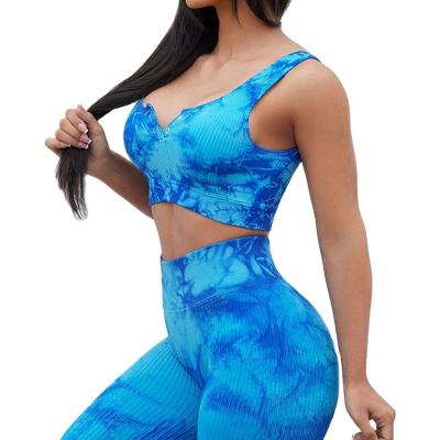 China New Breathable Knitted Tie Dye Yoga Suit Sports V-Neck Buckle Bra Pants Women Sweat Suit Set for sale