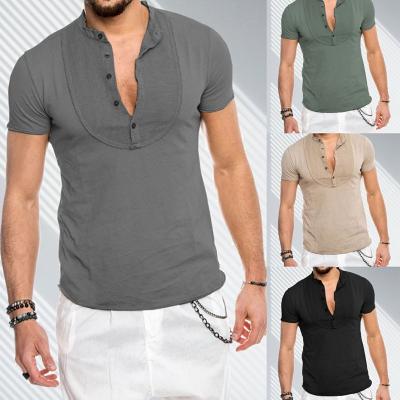 China New Big Men's Summer QUICK DRY Cotton Solid Collar Casual Canvas Short Stand Sleeve Quilting T-Shirt for sale