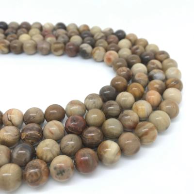 China Cat Eye Smooth Brown Petrified Jasper Beads Genuine Natural Round Gemstone Wood Loose Beads for sale