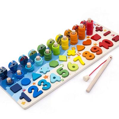 China Basswood Toys for Baby Kids Educational Wooden Math Toys 5 in 1 Count Peach Numbers Matching Digital Board Game Puzzle Toy for sale