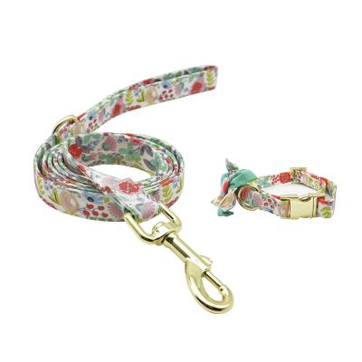 China Custom Cute Flower Girl Design Dog Collar and Cotton Webbing Adjustable Leash Set with Bow Tie for sale