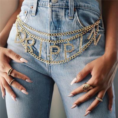 China Trendy Women Letter-Chain Belt Fashion Drip Gold Plated Jewelry Metal Chain Belt for sale