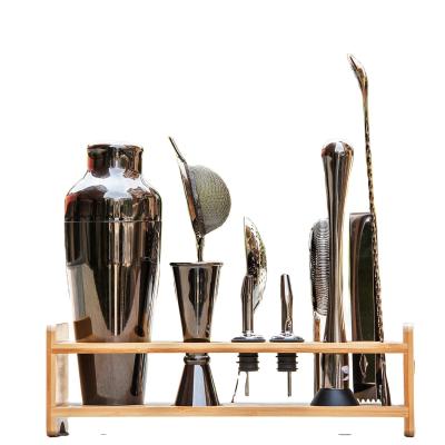 China Viable Matte Black Mixology Bartender Kit Cocktail Kit Martini Bar Tools With Wooden Bamboo Stand for sale