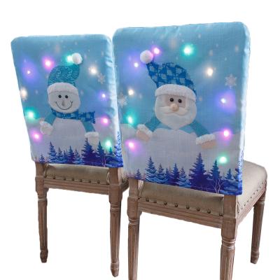 China 2021 Blue Fabric Chair Cover Glowing Snowman Christmas Home Decoration Ornaments Christmas Chair Decoration for sale