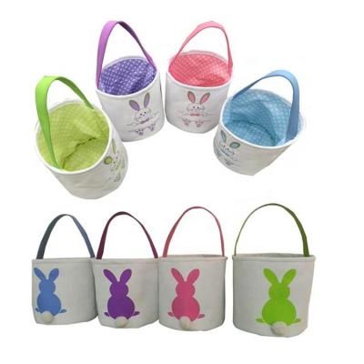 China Modern Easter Festival Holiday Canvas Bunny Basket Bunny with Faux Fur Pompom Basket Easter Bags for sale