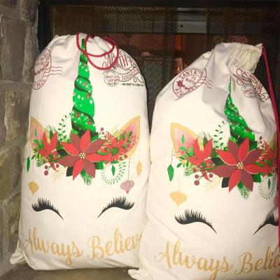 China Unicorn Santa Sack Wholesale Cheap Holiday Personalized Monogram Canvas Christmas Unicorn Santa Sack for sale