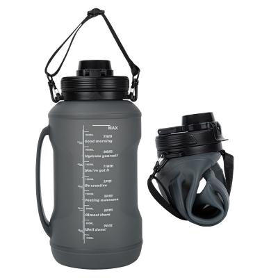 China Sustainable Wholesale BPA Free 2L Sport Gym Travel Collapsible Drinking Foldable Silicone Water Bottle With Straw And Time Marker for sale