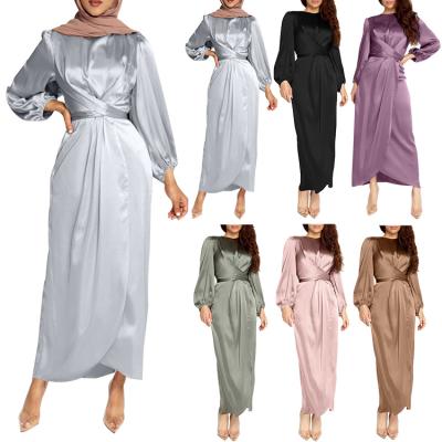 China 2021 Robe Gown Abaya Dubai Muslim Islamic Clothing For Women Modest Fashion Tie Belt Satin Muslim Dress for sale