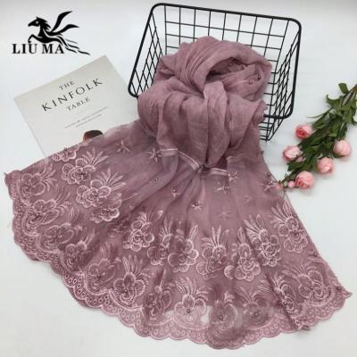 China Wholesale Elegant Fashion LM New For 2020 Solid Embroidery Cotton Women Lace Hijab Muslim Comfortable Pure Color Scarves for sale