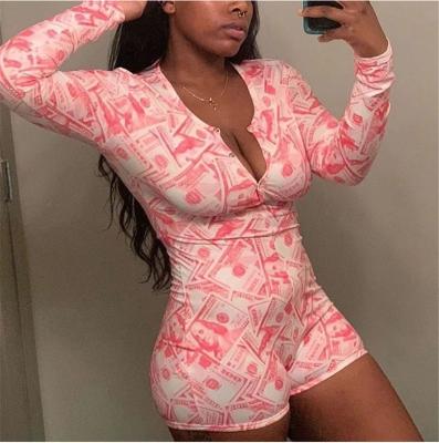 China Elastic Sleepwear Girl Bodycon Romper Long Sleeve Nightcloth Adult Onesie Pajamas V-Neck QUICK DRY Short One Piece Jumpsuit For Sexy Women for sale