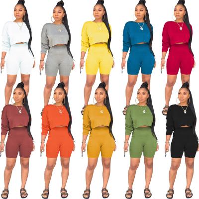 China Fashion anti-pilling top shorts solid round neck long and tight short set two-piece women's spring and autumn new leisure suit for sale