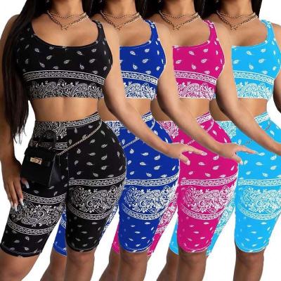 China Cowinner Breathable Fashion Casual Women 2 Piece Outfit Clubwear Print Strap Crop Tops With Bodycon Shorts Tracksuit Set for sale