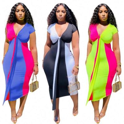 China wholesale Anti-Wrinkle FM-P5022 Plus Size Clothing Contrast Color V Neck Women Short Sheathed Sexy Dress for sale