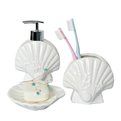 China Sustainable Designer 4-Piece Bathroom Accessory Set Ceramic Bath Set with Liquid Soap or Lotion Dispenser, Toothbrush Holder, Tumbler and S for sale