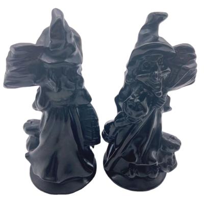 China China Hand Carved Crystal Black Obsidian Wizard With Pumpkin Crystal Crafts For Halloween Decoration for sale