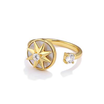 China Romantic High Quality Gold Plated Sterling Silver Open Ring Zircon Inlaid Rotating Ring Adjustable Eight-pointed Star Ring for sale