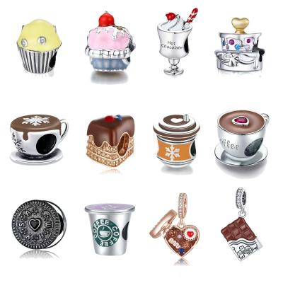 China FASHIONABLE 925 Sterling Silver Coffee Cups Charms Biscuit Cookies Cake Chocolate Charms Dessert Heart Pendant Charms for sale