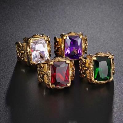 China Retro Hiphop Color Zircon Inlaid Titanium Steel Gold Ring for sale