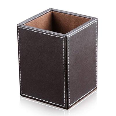 China Promotion Gift PU Square Leather Pens Pencil Holder Cup Stationery Organizer Case Office Accessories Container Desk Box Brown for sale