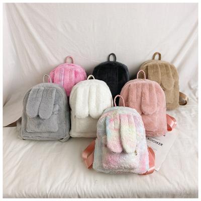 China 2021 Fashionable Anti-theft Plush Faux Fur Girl School Bag Kids Backpack Rabbit Ear Plush Backpack for sale