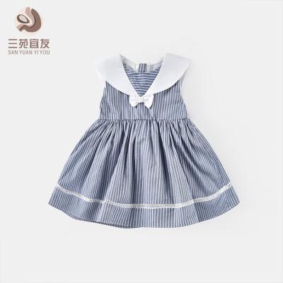 China Lovely Breathable Blue Sleeveless Striped Flower Skirt Newborn Babies Dress For Party for sale