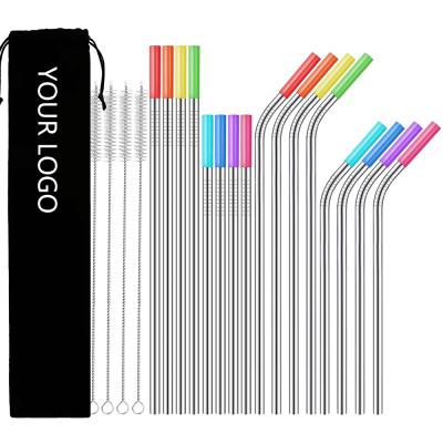 China Eco-friendly durable set of 16 long metal drinking straws 304 stainless steel reusable straws with silicone tips for sale