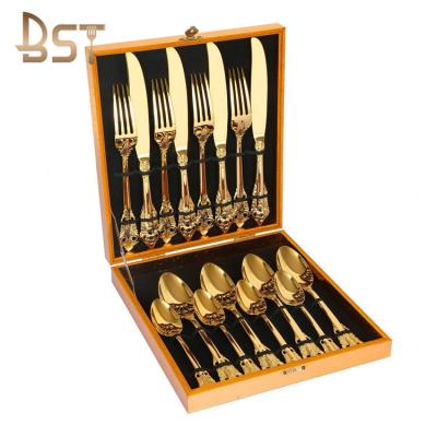 China Viable Wholesale Baroque Style Royal Wooden Box With Case Gold 24Pcs 16Pcs Stainless Steel Flatware for sale