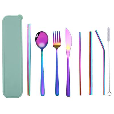 China Sustainable Reusable Utensils Portable Drinking Straw with Spoon Fork and Cleaning Brush for sale