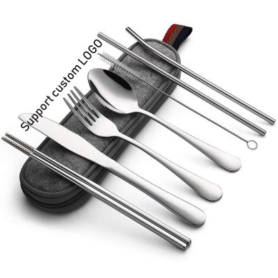 China Sustainable Portable 7 Piece Stainless Steel Flatware Set, Travel Camping Cutlery Set With Metal Drinking Straw for sale