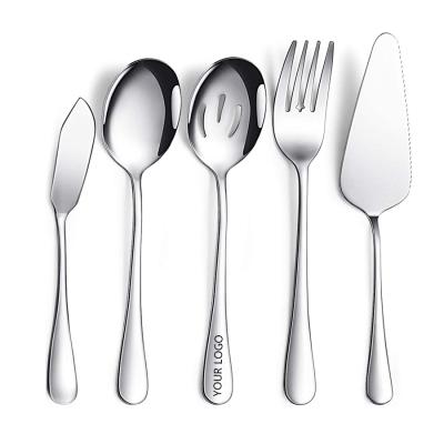 China Large Serving Flatware 5-Piece Sustainable Serving Utensils, Stainless Steel Slotted Spoon Serving Fork For Party Buffet Banquet Kitchen for sale