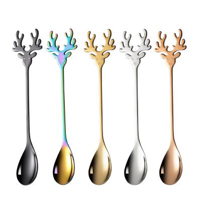 China Creative Cute Viable Cartoon Dessert Spoon Ins Deer Handle Stainless Steel Teaspoon For Christmas Gift for sale